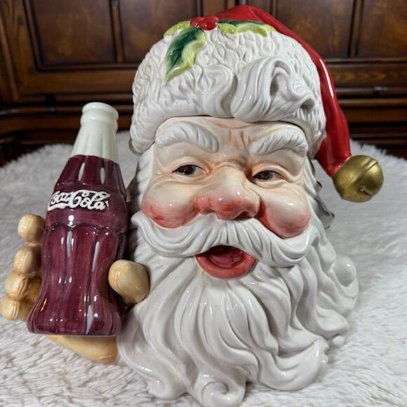 Vintage Coca-Cola Glazed Ceramic Santa Holding Coke Bottle Large Cookie Jar - Picture 1 of 13